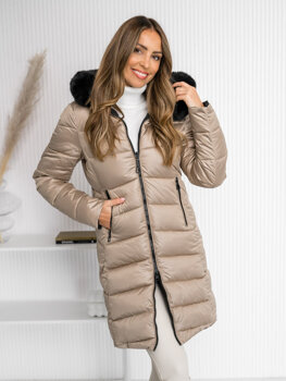 Beżowa dwustronna długa pikowana kurtka płaszcz zimowa z kapturem damska Denley B8202