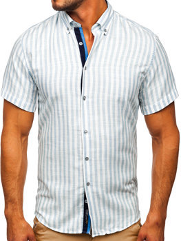 Błękitna koszula męska w paski z krótkim rękawem Bolf 21500