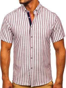 Bordowa koszula męska w paski z krótkim rękawem Bolf 21500
