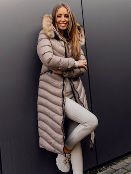 Brązowa długa pikowana kurtka płaszcz damska zimowa z naturalnym futrem Denley M699
