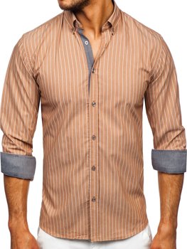 Brązowa koszula męska w paski z długim rękawem Bolf 20731-1