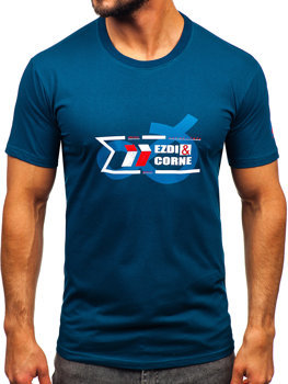 Ciemnoniebieski bawełniany t-shirt męski z nadrukiem Denley 14736