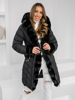 Czarna długa pikowana kurtka płaszcz damska zimowa z kapturem Denley 5M3156