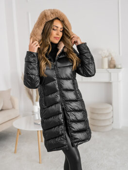 Czarna dwustronna długa pikowana kurtka płaszcz zimowa z kapturem damska Denley B8202