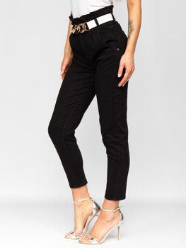 Czarne jeansowe spodnie damskie z wysokim stanem z paskiem Denley LA687