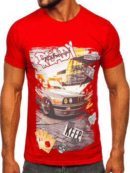 Czerwony bawełniany t-shirt męski z nadrukiem Denley 143004
