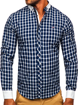 Granatowa koszula męska elegancka w kratę z długim rękawem Bolf 5737-1