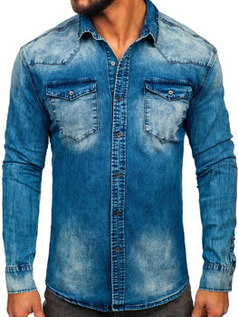 Granatowa koszula męska jeansowa z długim rękawem Denley MC710BS