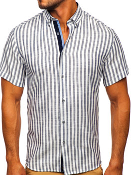 Granatowa koszula męska w paski z krótkim rękawem Bolf 21500