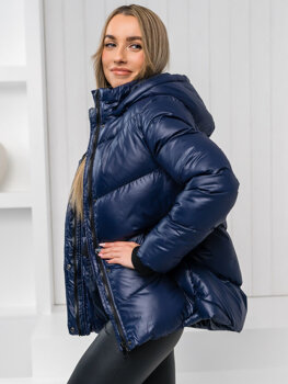 Granatowa pikowana kurtka damska zimowa z kapturem Denley 23065