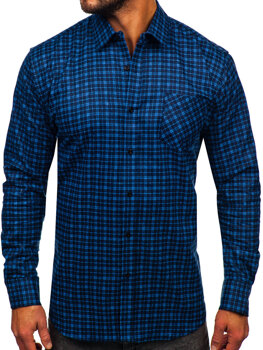 Granatowo-niebieska koszula męska flanelowa w kratę z długim rękawem Denley F5