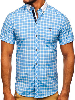 Koszula męska elegancka w kratę z krótkim rękawem błękitna Bolf 5531
