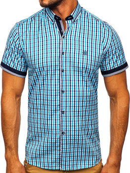 Koszula męska w kratę z krótkim rękawem turkusowa Bolf 4510
