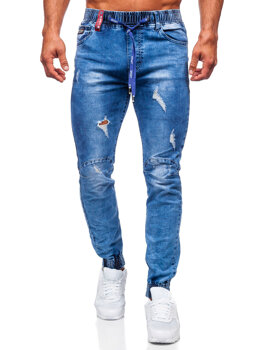Niebieskie spodnie jeansowe joggery męskie Denley TF264