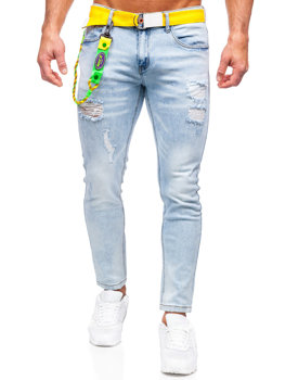Niebieskie spodnie jeansowe męskie slim fit z paskiem Denley KX956