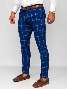Niebieskie spodnie materiałowe chinosy w kratę męskie Denley 0037