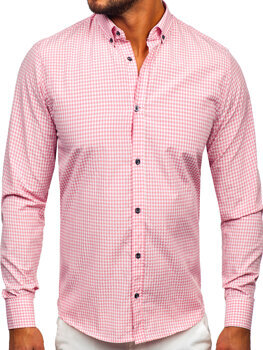 Różowa koszula męska w kratę z długim rękawem Bolf 22745