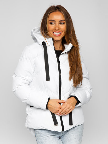 Biała pikowana kurtka damska zimowa z kapturem Denley 5M739