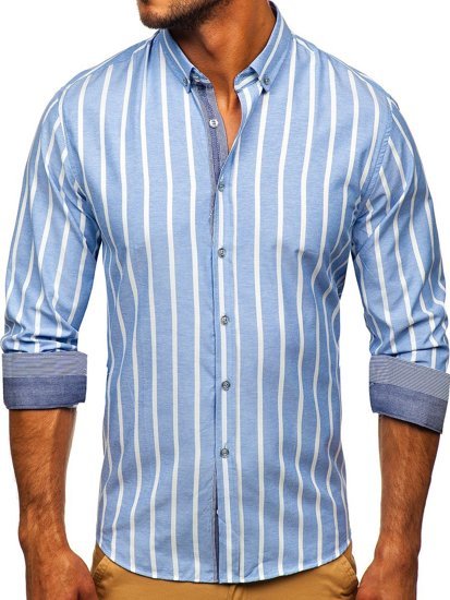 Błękitna koszula męska w paski z długim rękawem Bolf 20705