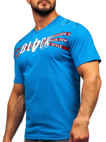 Błękitny bawełniany t-shirt męski z nadrukiem Denley 14722