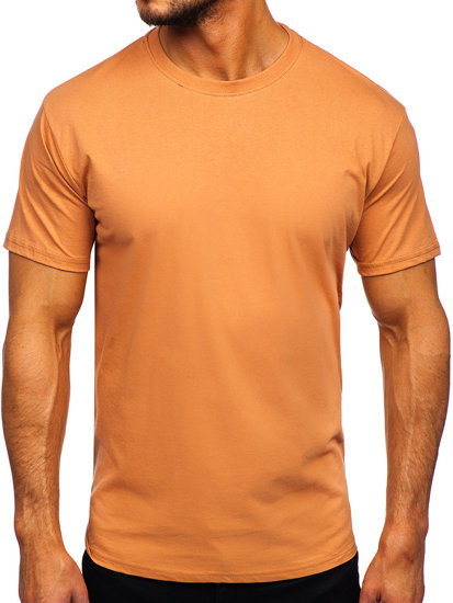 Brązowy bawełniany T-shirt męski bez nadruku Bolf 192397