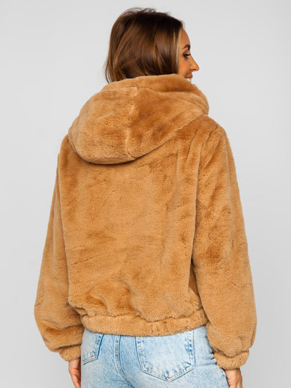 Camelowa kurtka damska zimowa z imitacji kożucha Denley 21230