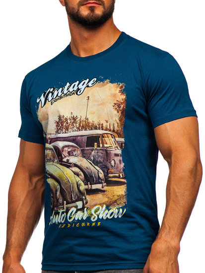 Ciemnoniebieski bawełniany t-shirt męski z nadrukiem Denley 143001