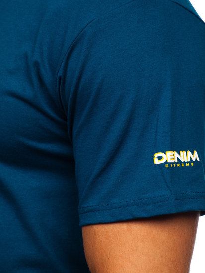 Ciemnoniebieski bawełniany t-shirt męski z nadrukiem Denley 14731