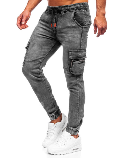 Czarne spodnie jeansowe joggery bojówki męskie Denley HY885