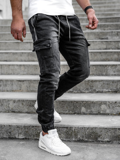Czarne spodnie jeansowe joggery bojówki męskie Denley TF059