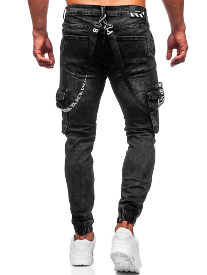 Czarne spodnie jeansowe joggery bojówki męskie z szelkami Denley KA6751