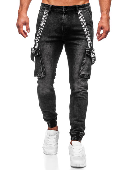 Czarne spodnie jeansowe joggery bojówki męskie z szelkami Denley KA6751
