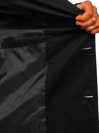Czarny dwurzędowy płaszcz męski prochowiec z wysokim kołnierzem i paskiem Denley 5569