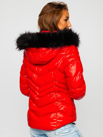 Czerwona pikowana kurtka damska zimowa z kapturem Denley 23068