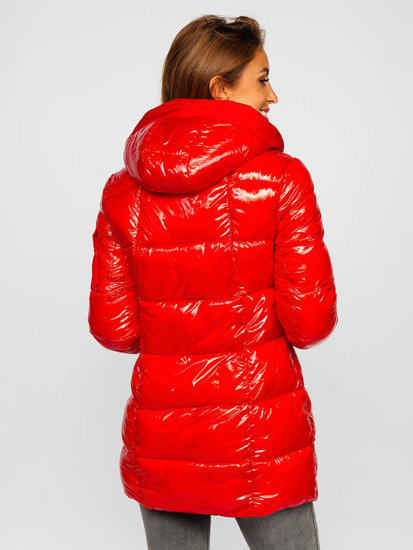Czerwona pikowana kurtka damska zimowa z kapturem Denley B9545