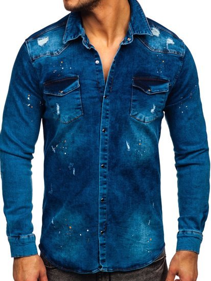 Granatowa koszula męska jeansowa z długim rękawem Denley R701