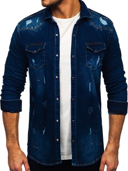 Granatowa koszula męska jeansowa z długim rękawem Denley R801