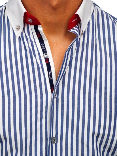 Granatowa koszula męska w paski z długim rękawem Bolf 20727