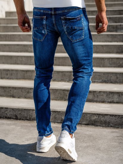 Granatowe jeansowe spodnie męskie slim fit z paskiem Denley R85018W0