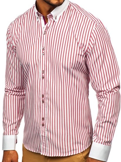 Koszula męska w paski z długim rękawem czerwona Bolf 9713