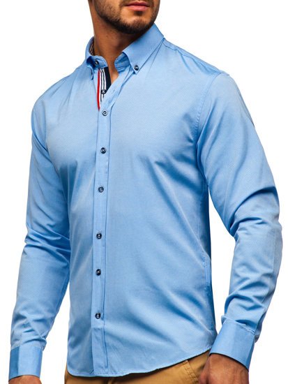 Koszula męska we wzory z długim rękawem błękitna Bolf 8843