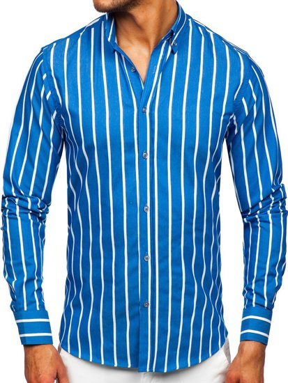 Niebieska koszula męska w paski z długim rękawem Bolf 20730