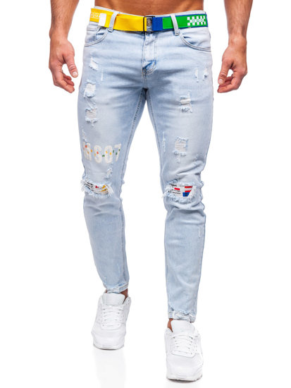 Niebieskie spodnie jeansowe męskie slim fit z paskiem Denley KX1122