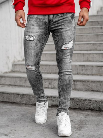 Szare spodnie jeansowe męskie regular fit z paskiem Denley 6038S0