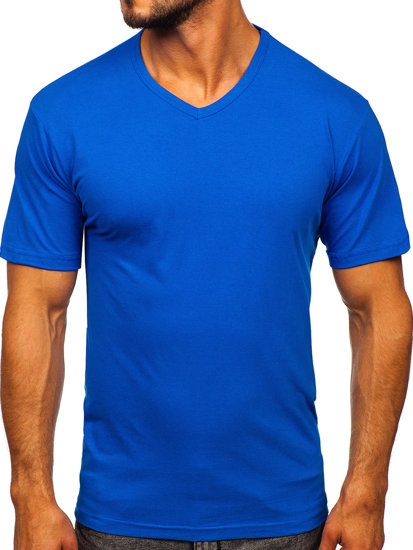 T-shirt męski bez nadruku w serek niebieski Bolf 192131
