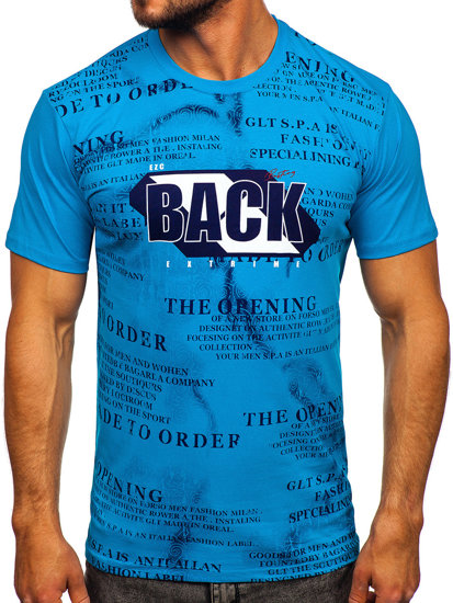 Turkusowy bawełniany t-shirt męski z nadrukiem Denley 14704