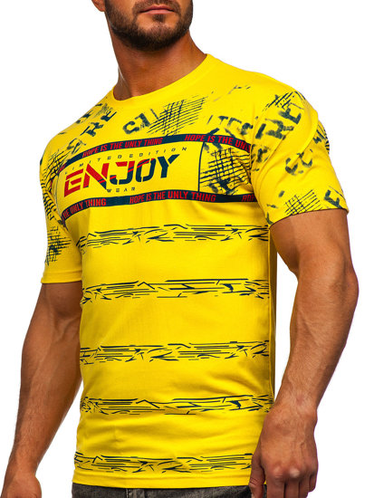 Żółty bawełniany t-shirt męski z nadrukiem Denley 14471