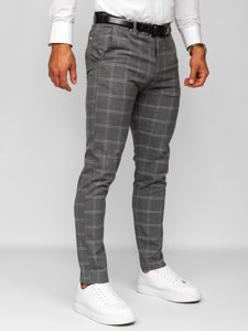 Antracytowe spodnie materiałowe chinosy w kratę męskie Denley 0036