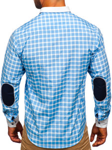Błękitna koszula męska elegancka w kratę z długim rękawem Bolf 5737-1