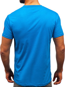 Błękitny bawełniany t-shirt męski z nadrukiem Denley 14736